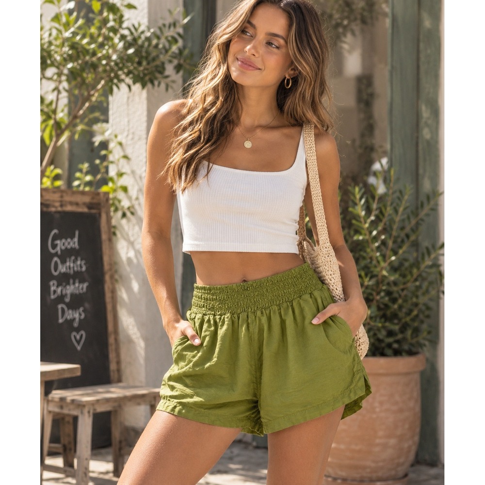 & Other Stories Shorts Womens 10 Green Linen Blend Smocked Waist Summer